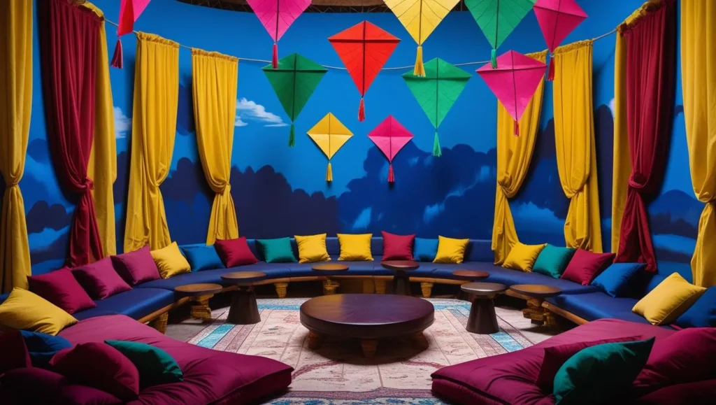 Ceiling-Decor-with-Paper-Kites-marriage-setup