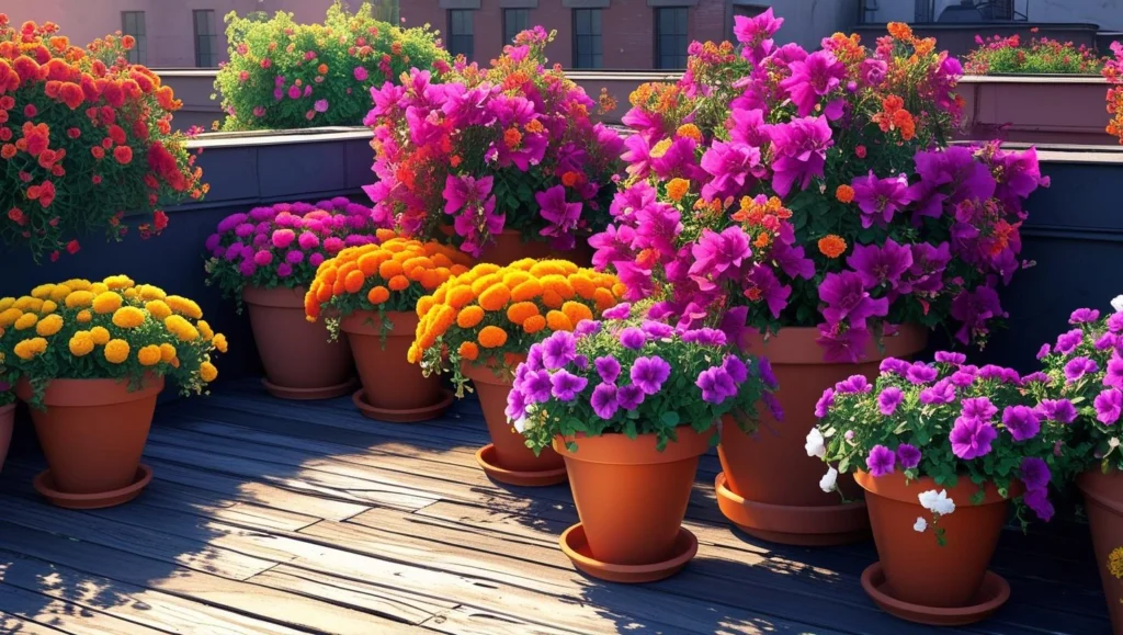 colorful-pots-with-red-roof-top-garden