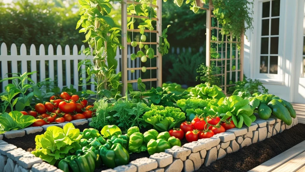 colorful-vegetable-garden-ideas-with-front-view-of-home