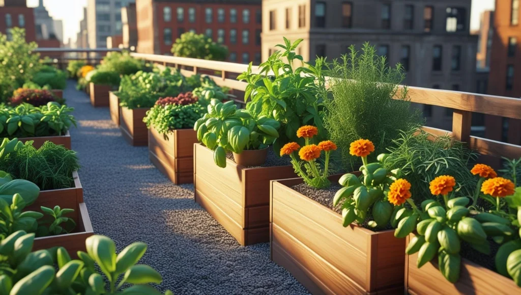 rooftop-garden-ideas-with-wooden-planter